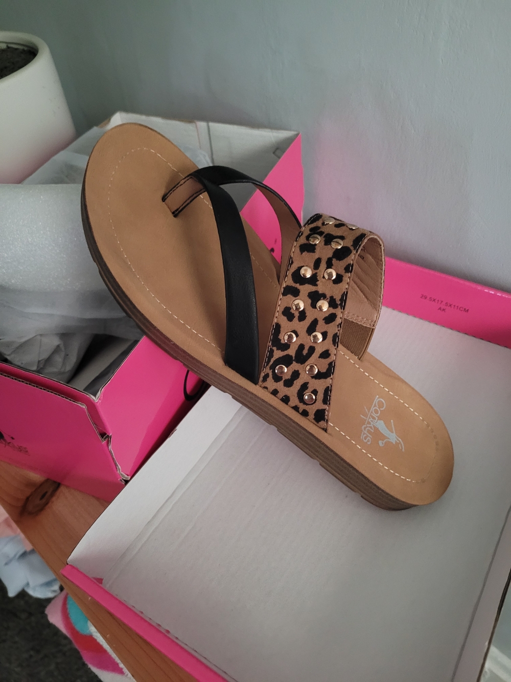 Corkys Leopard Print and Black Strap Slide Sandal